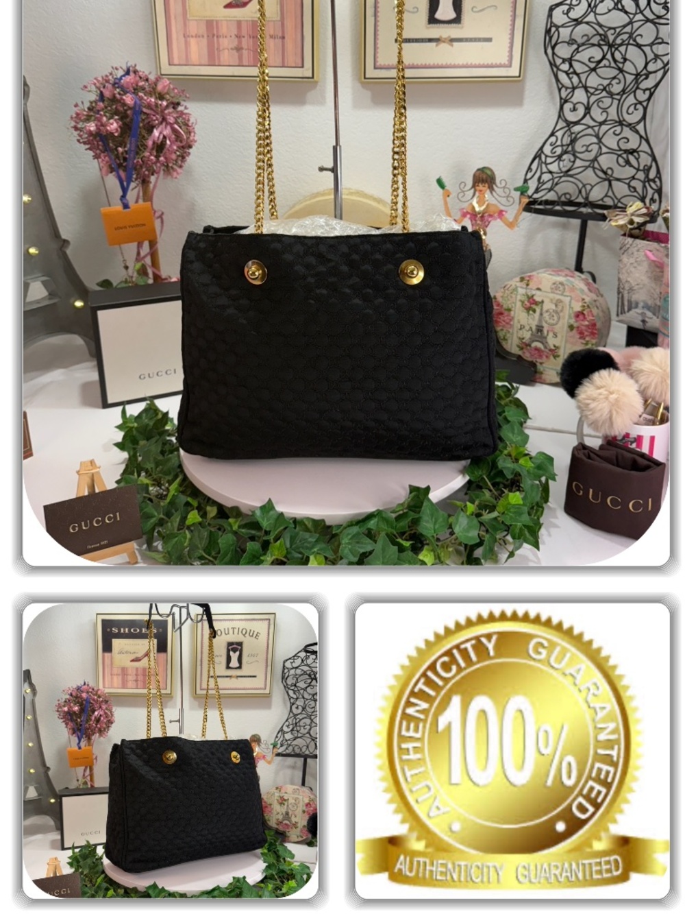 SASSY GUCCI RARE BLK LRG GG MONOGRAM GOLD CHAIN HANDLE PURSE/HANDBAG!
